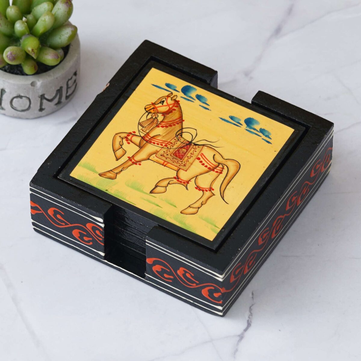 Wooden horse hand painted tea coaster