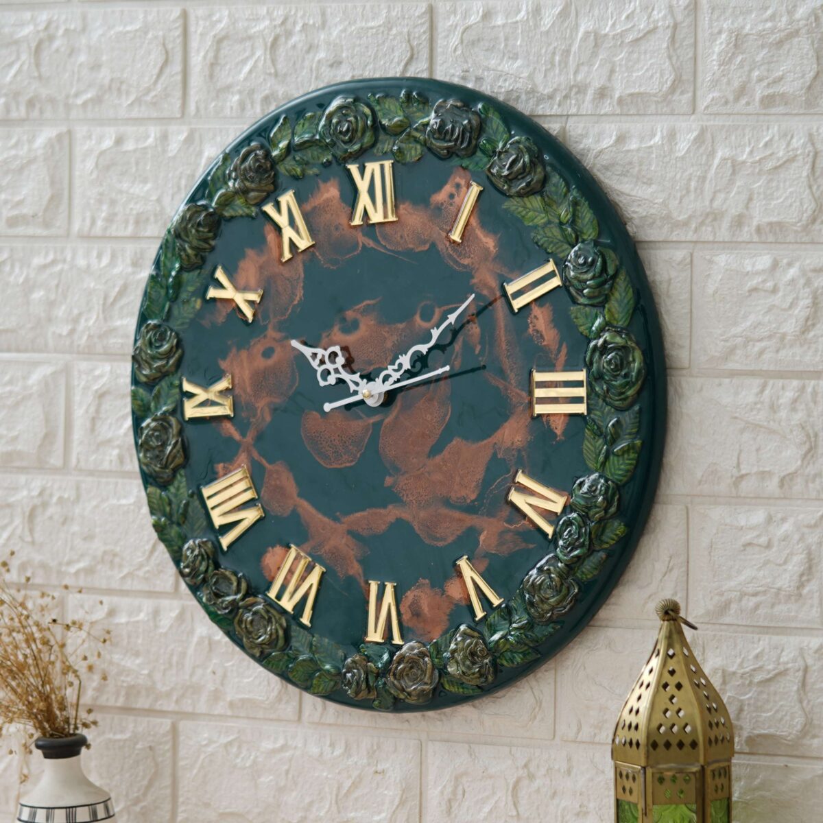 Exquisite Wooden Handmade Wall Clock Green With Brown Printed Acrylic Wall Clock for Home & Office Decorative Big Size Clock