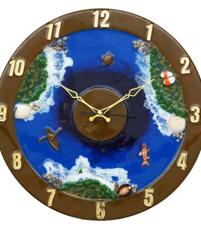 Exquisite Wooden Handmade Wall Clock Ocen Blue ith Green And White Printed Acrylic Wall Clock For Home & Office Decorative Big Size Clock