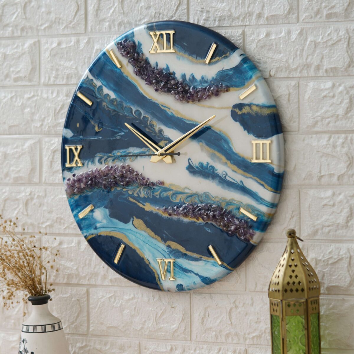 Exquisite Wooden Handmade Wall Clock Ocen Blue With White Golden Splash Printed Acrylic Wall Clock For Home & Office Decorative Big Size Clock