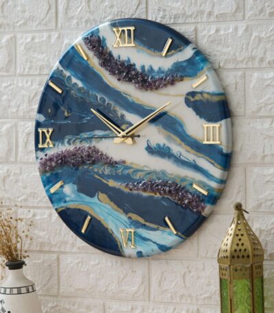 Exquisite Wooden Handmade Wall Clock Ocen Blue With White Golden Splash Printed Acrylic Wall Clock For Home & Office Decorative Big Size Clock